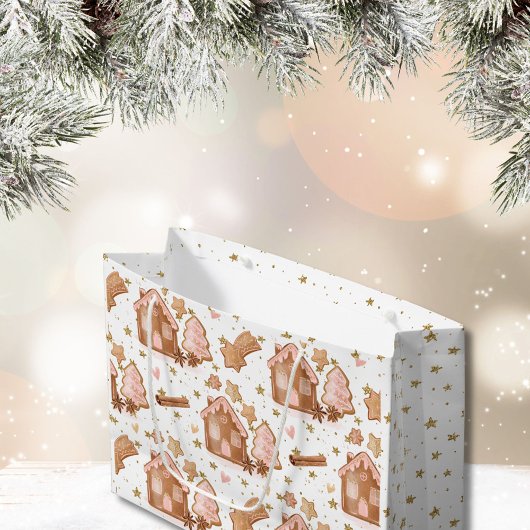 Kerst roze bruin peperkoek huizen gouden sterren groot cadeauzakje