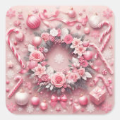 Kerst Roze Candy Canes Balls Krans Vierkante Sticker (Voorkant)