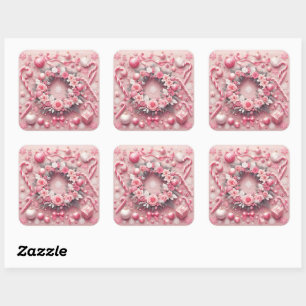 Kerst Roze Candy Canes Balls Krans Vierkante Sticker