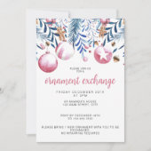 Kerst Roze en Blauw Ornament Exchange Party Kaart (Voorkant)