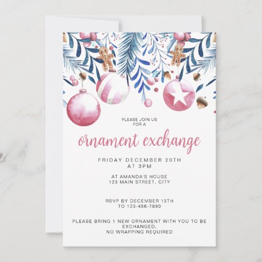 Kerst Roze en Blauw Ornament Exchange Party Kaart (Voorkant)