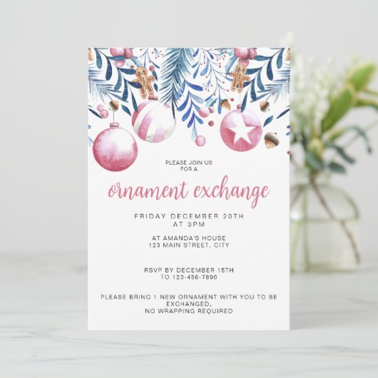 Kerst Roze en Blauw Ornament Exchange Party Kaart (Staand voorkant)