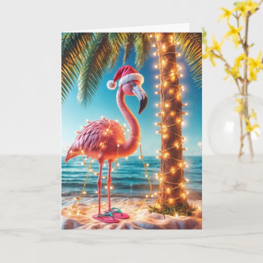 Kerst Roze Flamingo In Verwarrende Lichtjes Kaart (Gele Bloem)