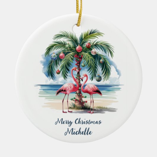 Kerst Roze Flamingo Palmboom Bomen Persoonlijk    Keramisch Ornament (Voorkant)