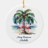 Kerst Roze Flamingo Palmboom Bomen Persoonlijk    Keramisch Ornament (Achterkant)