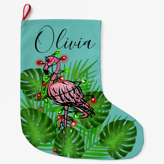 Kerst Roze Flamingo twinkle lichten Grote Kerstsok (Voorkant)