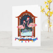 Kerst Roze Flamingo's Vakantie Kaart (Gele Bloem)