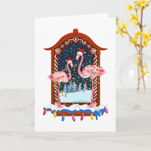 Kerst Roze Flamingo's Vakantie Kaart (Gele Bloem)