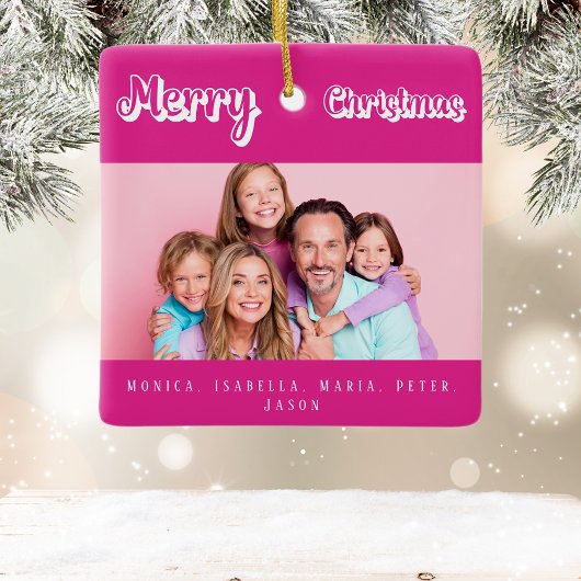 Kerst roze foto namen modern wit keramisch ornament