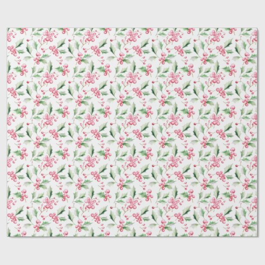 Kerst Roze Holly bessen Cadeaupapier (Vlak)