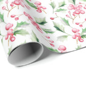 Kerst Roze Holly bessen Cadeaupapier (Rol Hoek)