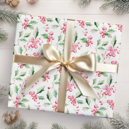 Kerst Roze Holly bessen Cadeaupapier