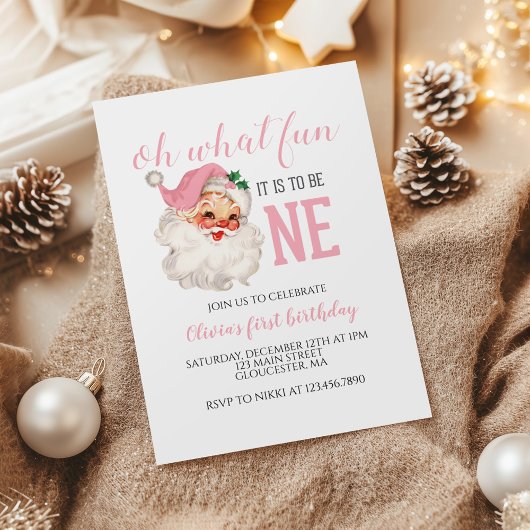 Kerst Roze Kerstman Eerste Verjaardag Kaart