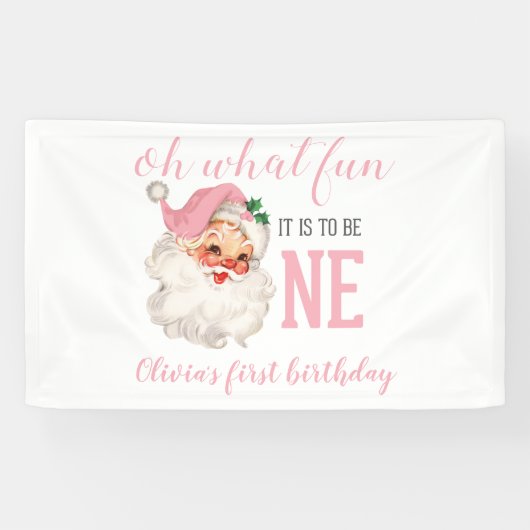 Kerst Roze Kerstman Eerste Verjaardag Spandoek (Horizontaal)