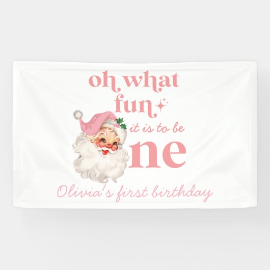 Kerst Roze Kerstman Eerste Verjaardag Spandoek (Horizontaal)