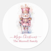 Kerst roze notenkraker waterverf naam ronde sticker (Voorkant)