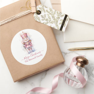 Kerst roze notenkraker waterverf naam ronde sticker