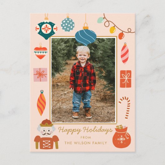 Kerst Roze Ornament Schattige Familie Foto Feestdagenkaart (Voorkant)