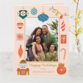 Kerst Roze Ornament Schattige Familie Foto Kaart (Gele Bloem)