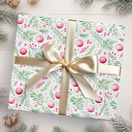 Kerst Roze Ornamenten en gebladerte Cadeaupapier