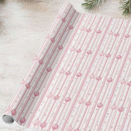 Kerst Roze Ornamenten en strepen Cadeaupapier