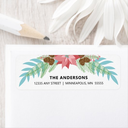 Kerst Roze Poinsettia en dennentakken Etiket (Insitu)