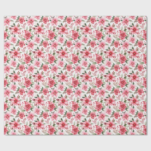Kerst Roze Poinsettia + Roze Rose Patroon Cadeaupapier (Vlak)