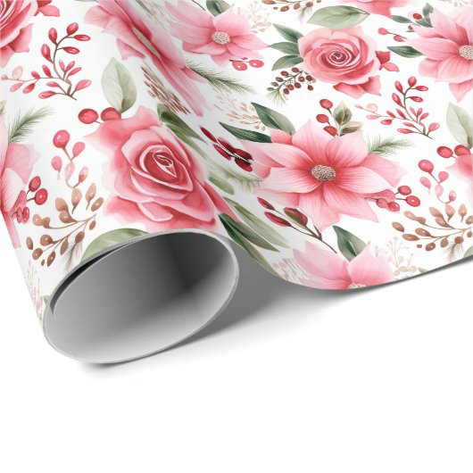Kerst Roze Poinsettia + Roze Rose Patroon Cadeaupapier (Rol Hoek)