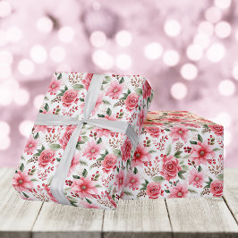 Kerst Roze Poinsettia + Roze Rose Patroon Cadeaupapier