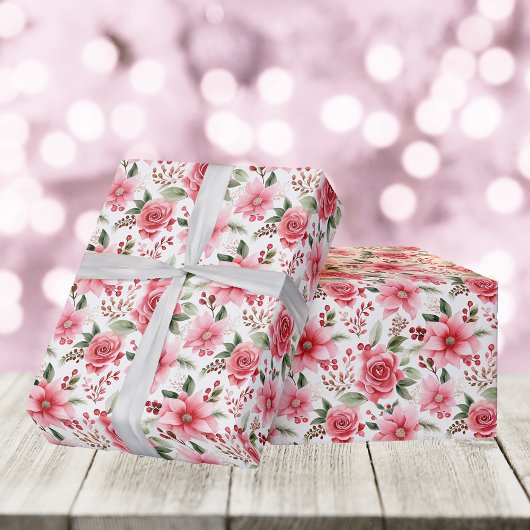 Kerst Roze Poinsettia + Roze Rose Patroon Cadeaupapier