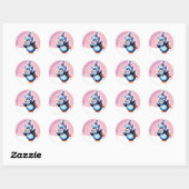 Kerst roze ronde sticker Penguin schaatsen. (Vel)