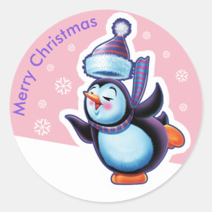 Kerst roze ronde sticker Penguin schaatsen.