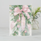 Kerst Roze Satijnen Lint Hulst Groengras Folie Feestdagenkaart (Staand Voorkant)