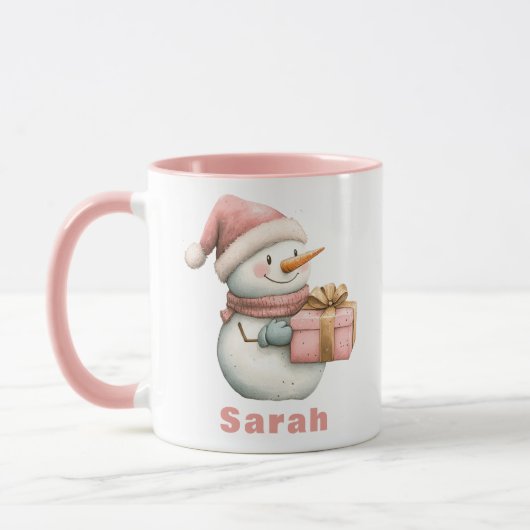 Kerst Roze Sneeuwman Gift Custom Naam Mok (Links)