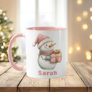 Kerst Roze Sneeuwman Gift Custom Naam Mok