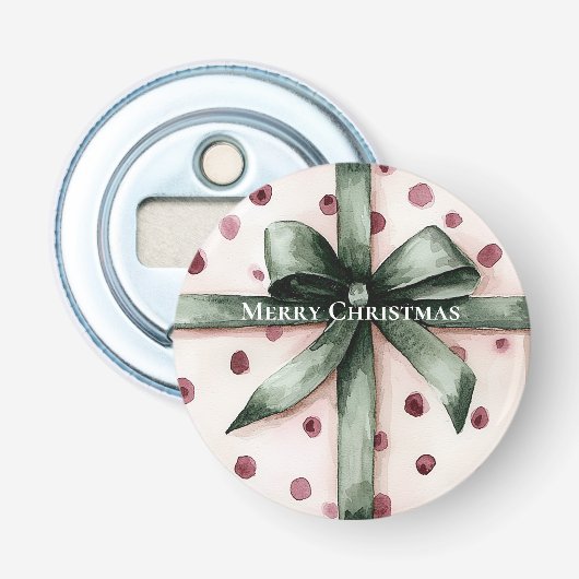 Kerst Roze Stippen Groen Lint & Boog Button Flesopener (Voorkant)