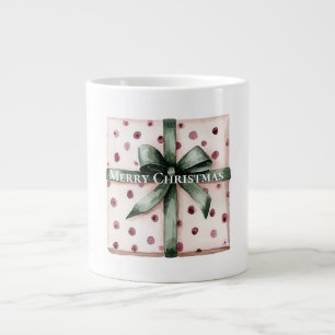 Kerst Roze Stippen Groen Lint & Boog Grote Koffiekop