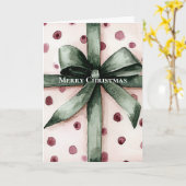 Kerst Roze Stippen Groen Lint & Boog Kaart (Gele Bloem)