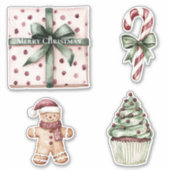 Kerst Roze Stippen Groen Lint & Boog Sticker (Voorkant)