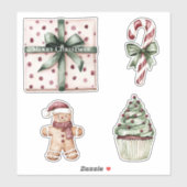 Kerst Roze Stippen Groen Lint & Boog Sticker (Vel)