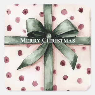 Kerst Roze Stippen Groen Lint & Boog Vierkante Sticker