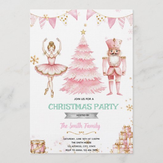 Kerst roze suikerpruim notenkraker uitnodiging (Voorkant)