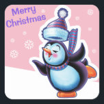 Kerst roze vierkant sticker Penguin schaatsen.<br><div class="desc">Kerst roze vierkant sticker Penguin schaatsen en andere Snowfolk. Winter Wonderland sneeuwpoppen. Lieflijke winterse personages met schaatspinguïns, sleeën sneeuwmeisjes, skiën sneeuwpoppen en schaatsen sneeuwpoppen : ) Bekijk ook de bijpassende Lovable winterse sneeuwpoppen en sneeuwmeisje personages spelen hun instrumenten in een kerstband. Een mooie geïllustreerde originele decoratie om je cadeaus op...</div>