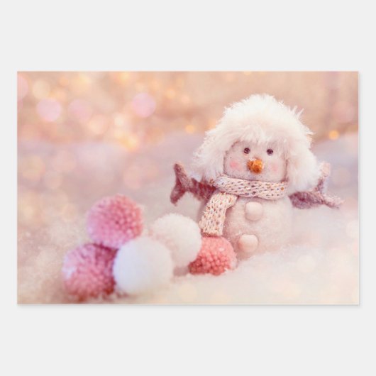 Kerst Roze & Wit Fluffy Snowman Inpakpapier Vel (Voorkant 2)