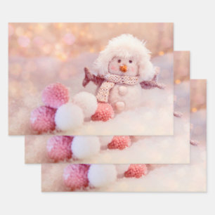 Kerst Roze & Wit Fluffy Snowman Inpakpapier Vel