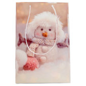 Kerst Roze & Wit Fluffy Snowman Medium Cadeauzakje (Voorkant)