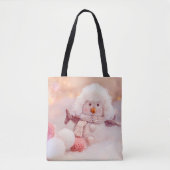 Kerst Roze & Wit Fluffy Snowman Tote Bag (Voorkant)