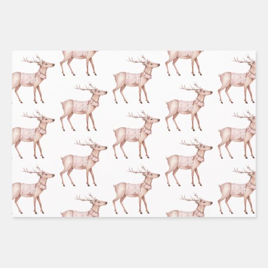 Kerst Roze Witte Sneeuwman Herten Groene Bomen Inpakpapier Vel (Voorkant 2)