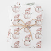 Kerst Roze Witte Sneeuwman Herten Groene Bomen Inpakpapier Vel (In situ)
