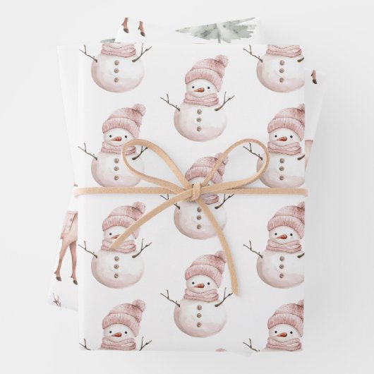 Kerst Roze Witte Sneeuwman Herten Groene Bomen Inpakpapier Vel (In situ)